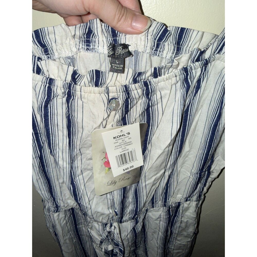 Lily Rose NWT Linen Blend Navy Cream Striped Jumpsuit Size L Wide Leg Pockets - Picture 4 of 11